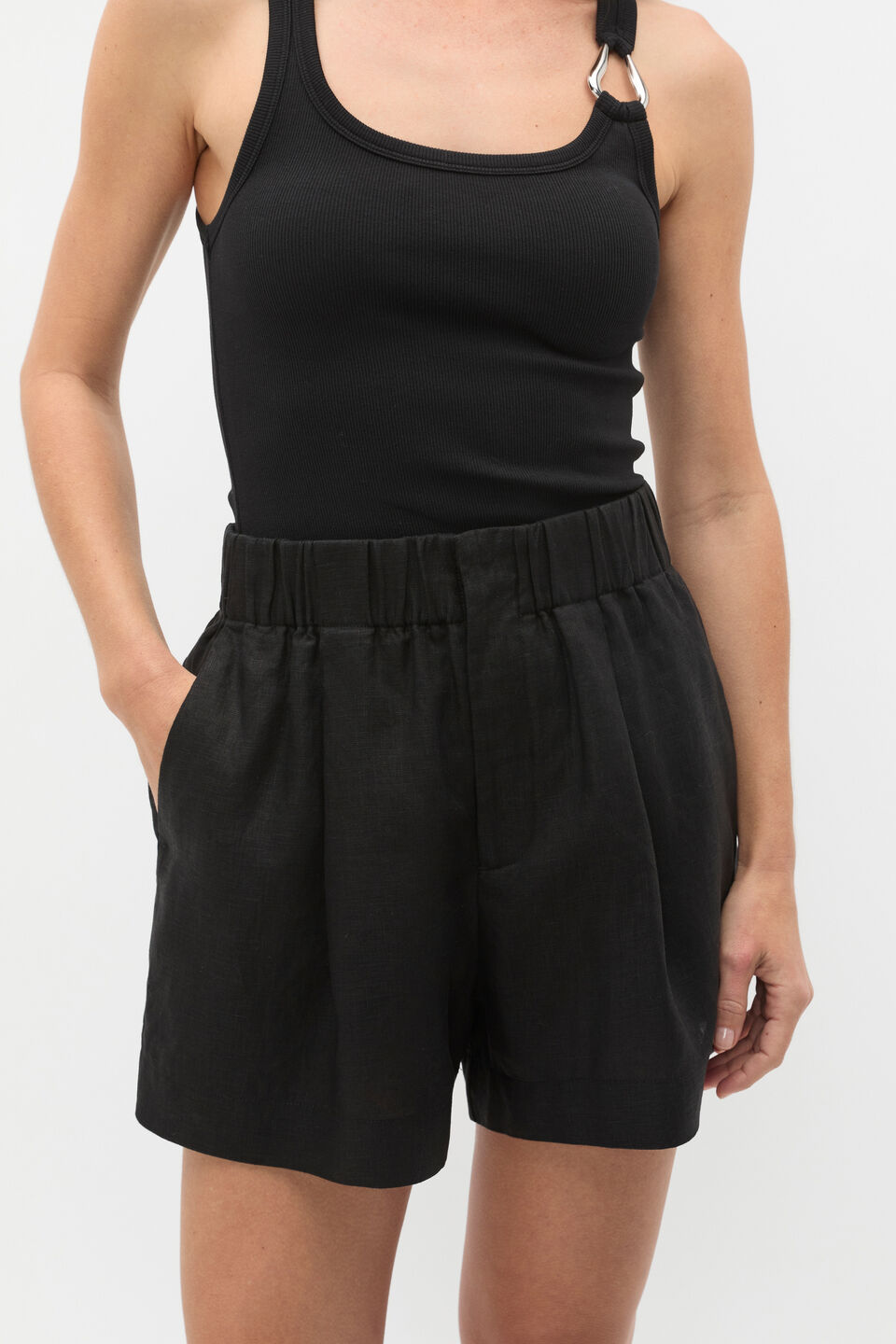 Core Linen Gathered Palazzo Short  Black