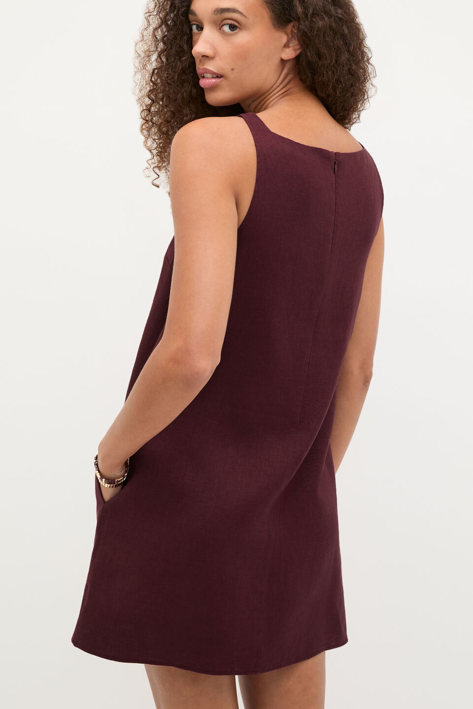 Linen Boat Neck Mini Dress  Plum Red