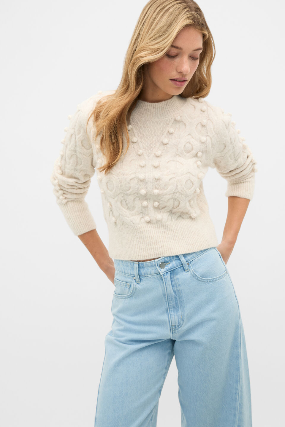Pom Pom Cable Knit Sweater  Mist Marle