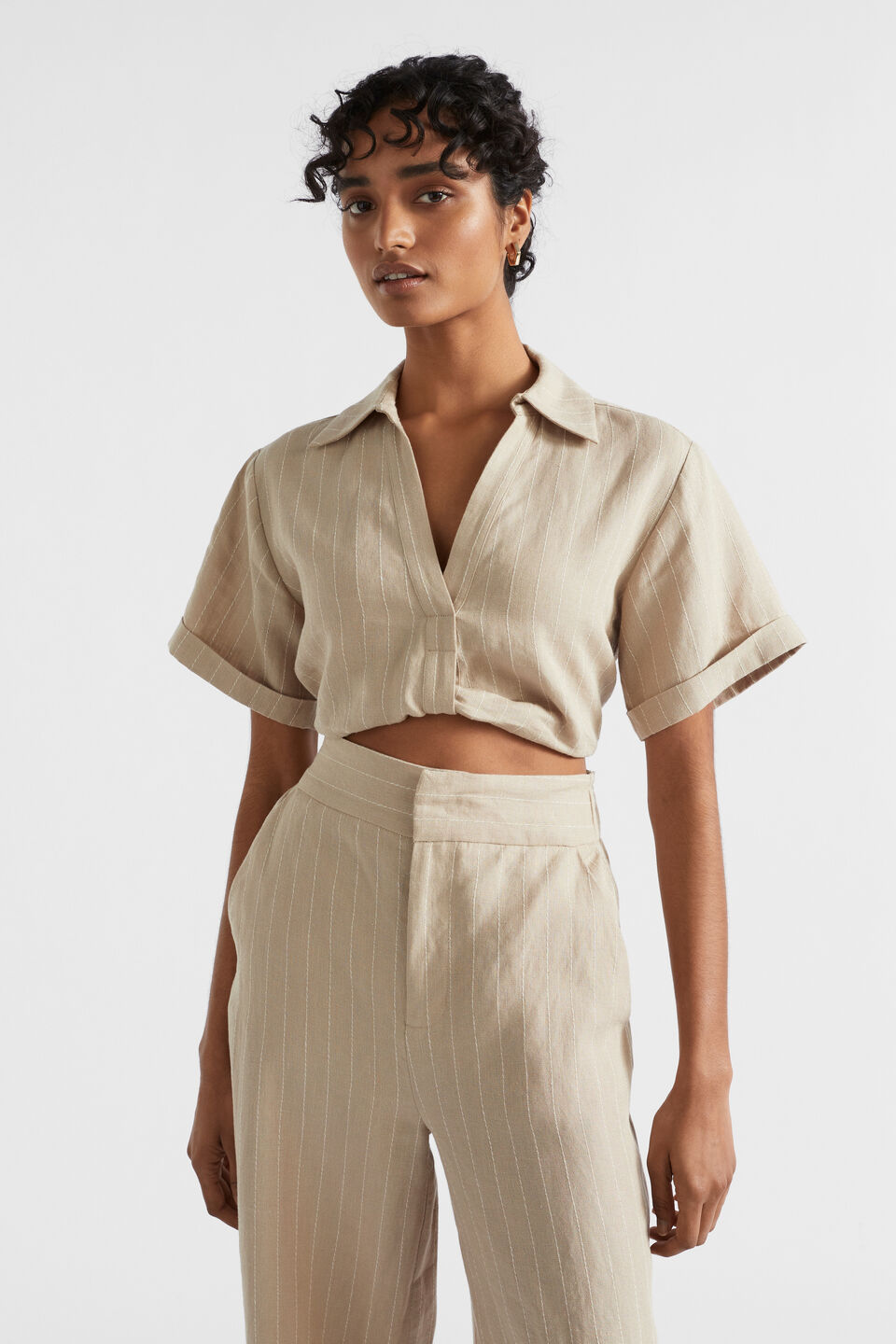 Linen Pinstripe Twist Shirt  Cool Sand Pinstripe