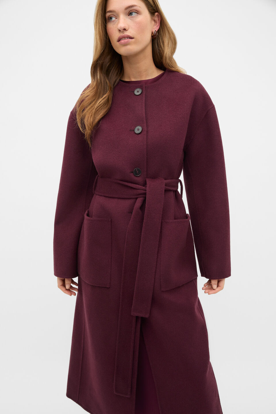 Wool Blend Collarless Coat  Plum Red