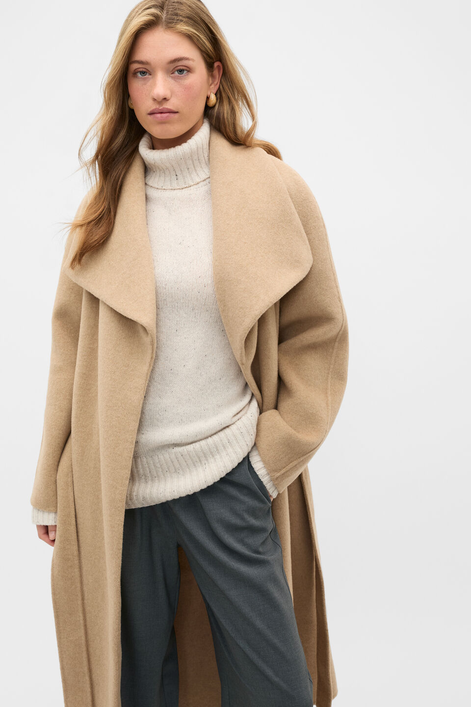 Wool Blend Waterfall Coat  Sandstone Marle