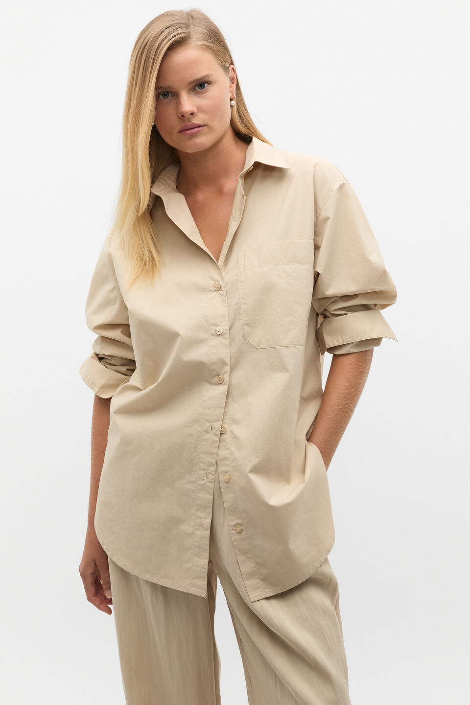 Longline Poplin Shirt  Latte