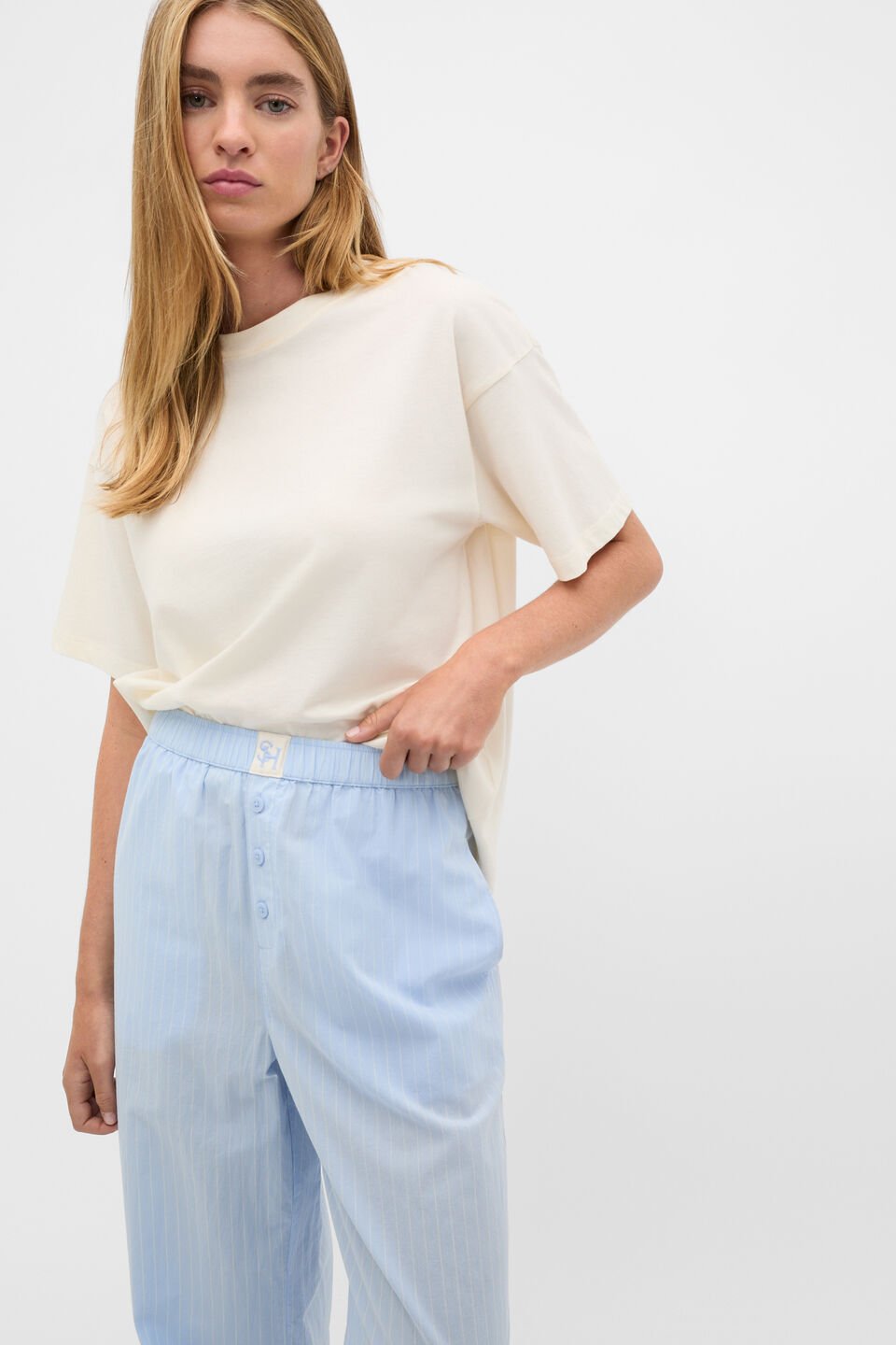 Stripe Shirt and Pant PJ Set  Egg Shell