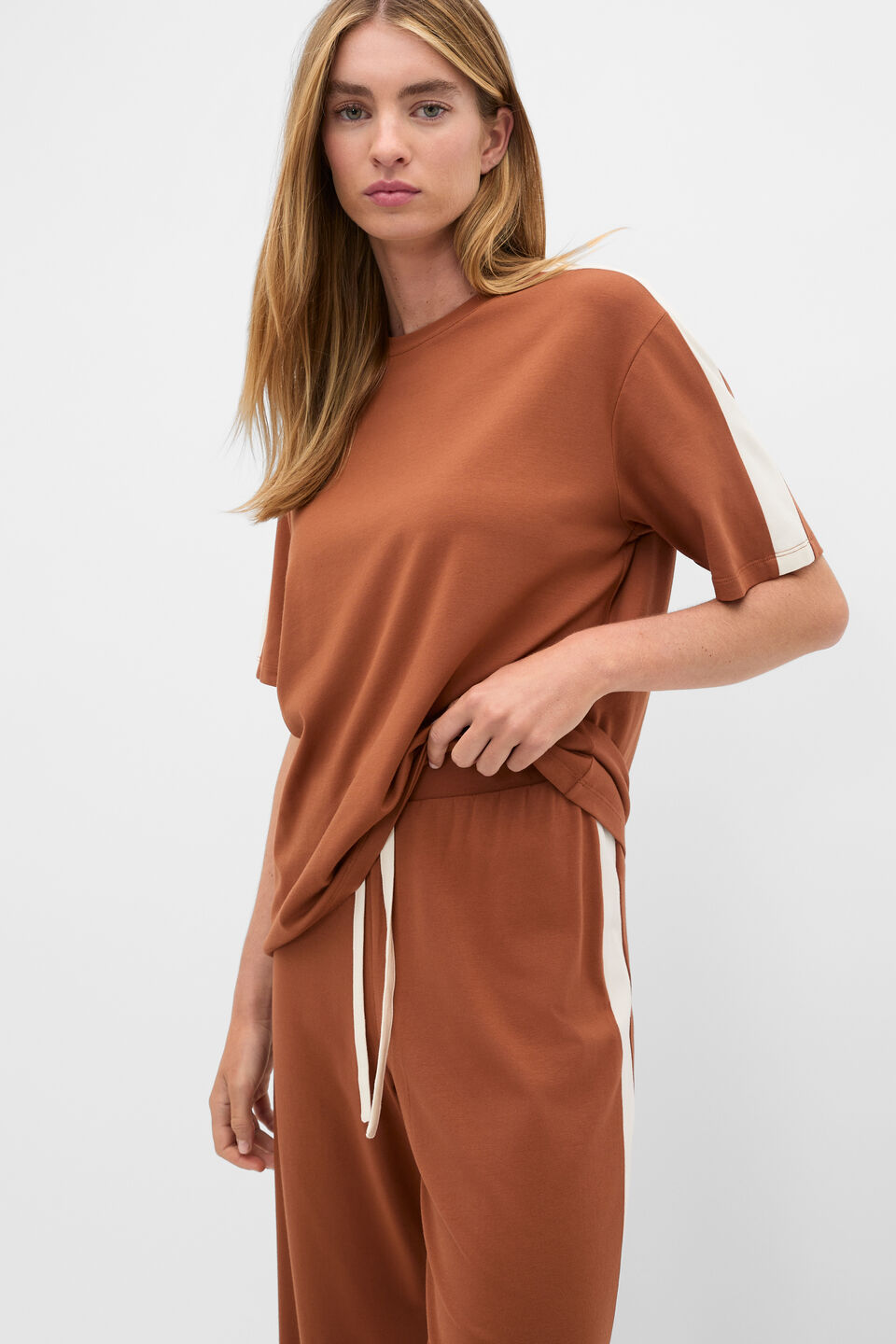 Contrast T-Shirt and Pant PJ Set  Biscoff