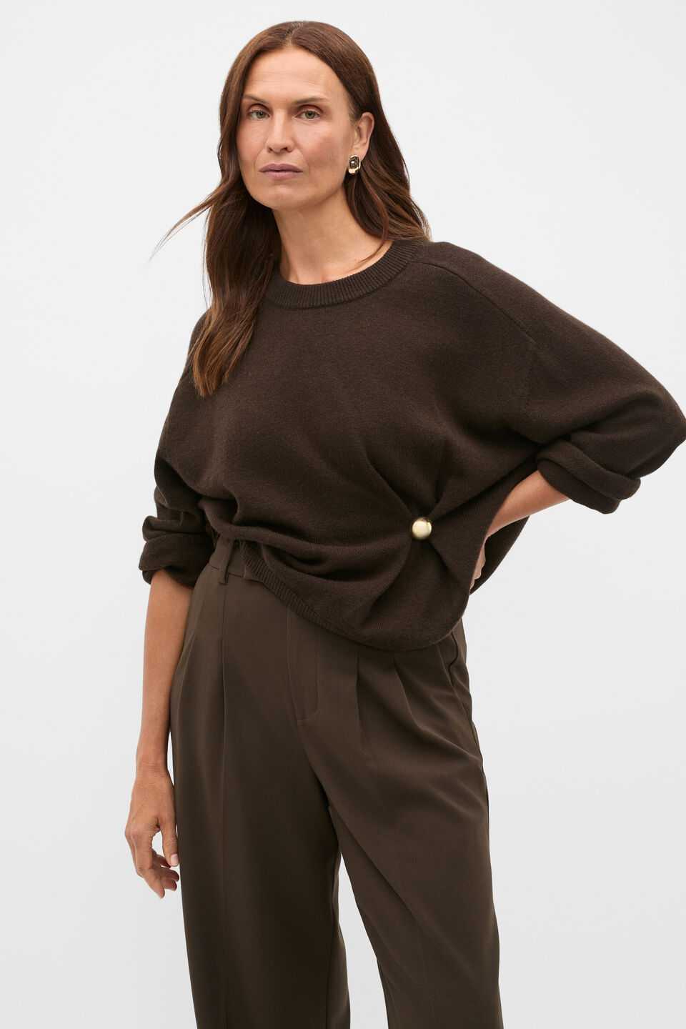 Clasp Detail Gathered Knit  Coffee Bean