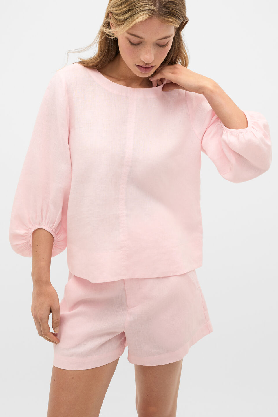 Core Linen Balloon Sleeve Top  Pale Blossom