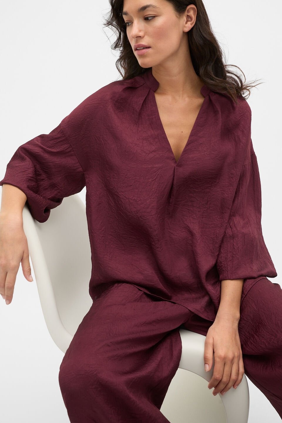 Textured Satin Half Placket Blouse  Plum Red