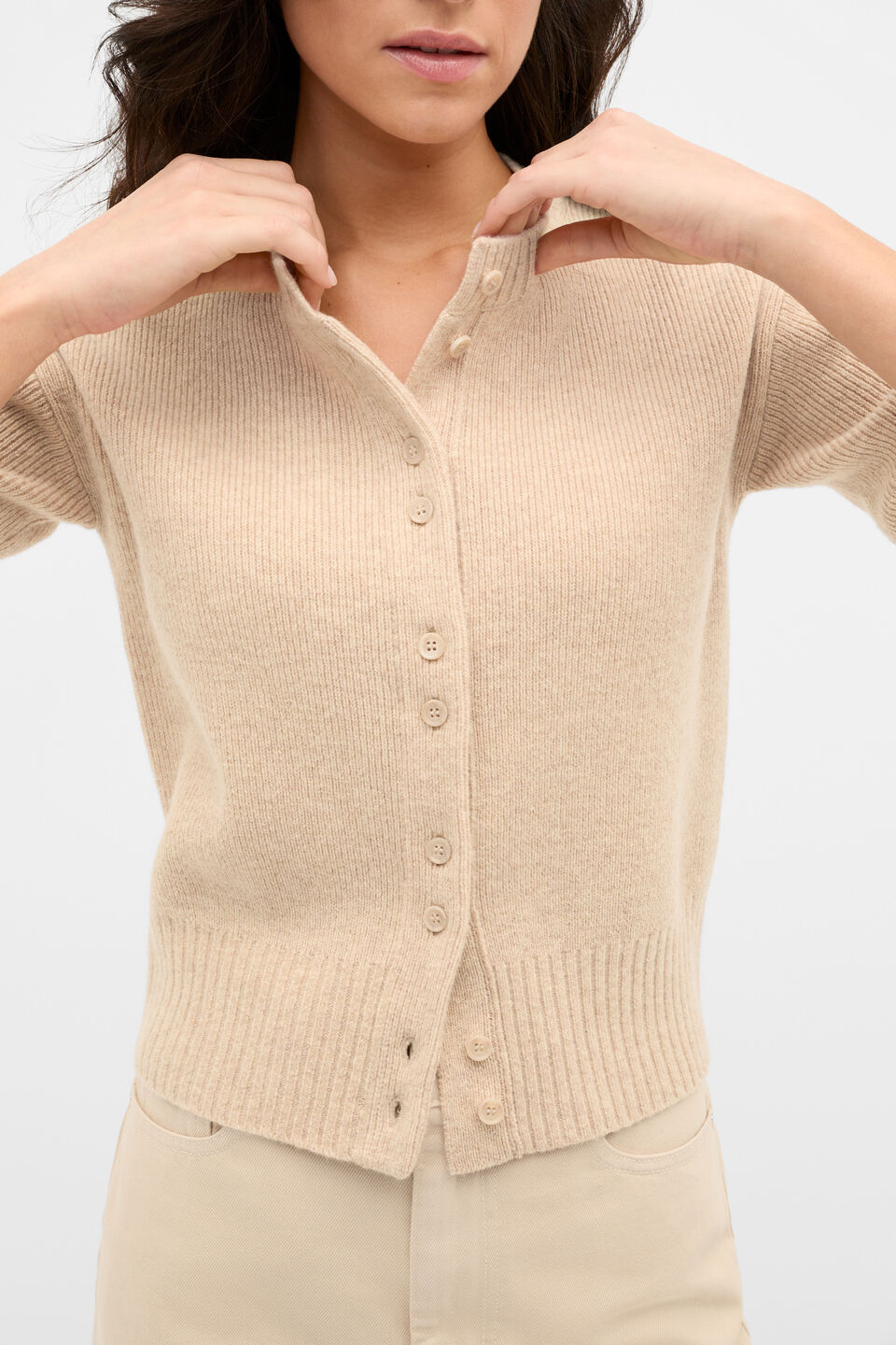 Merino Button Up Knit Cardigan  Sandstone Marle