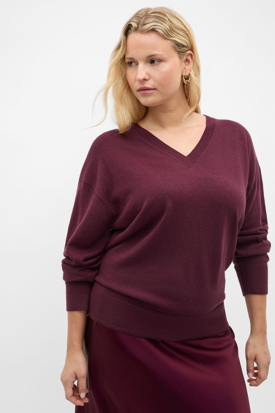 Australian Merino V Neck Knit  Plum Red