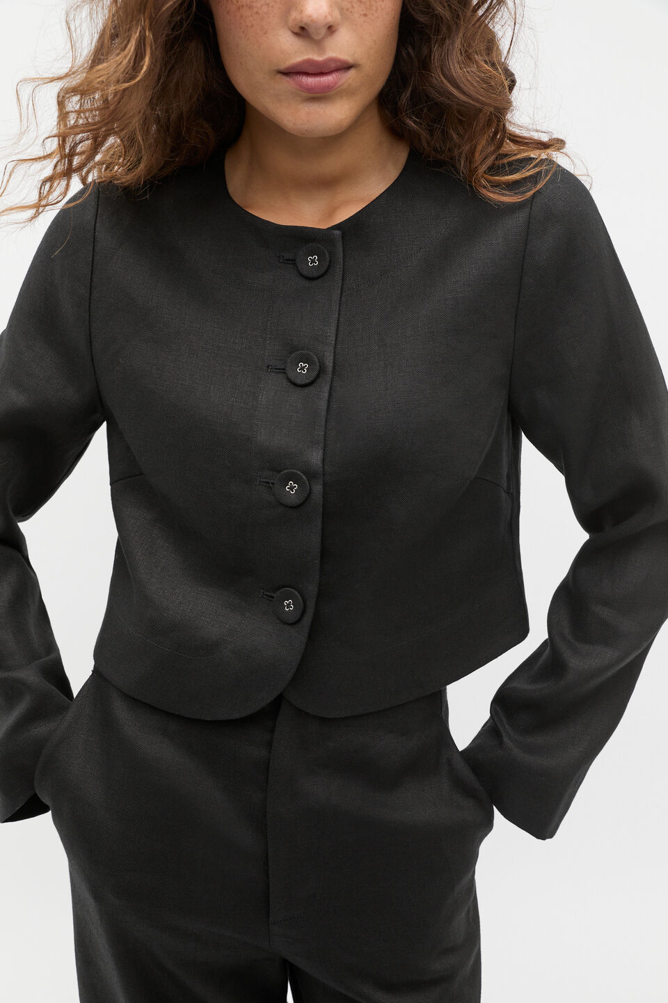 Long Sleeve Linen Vest  Black