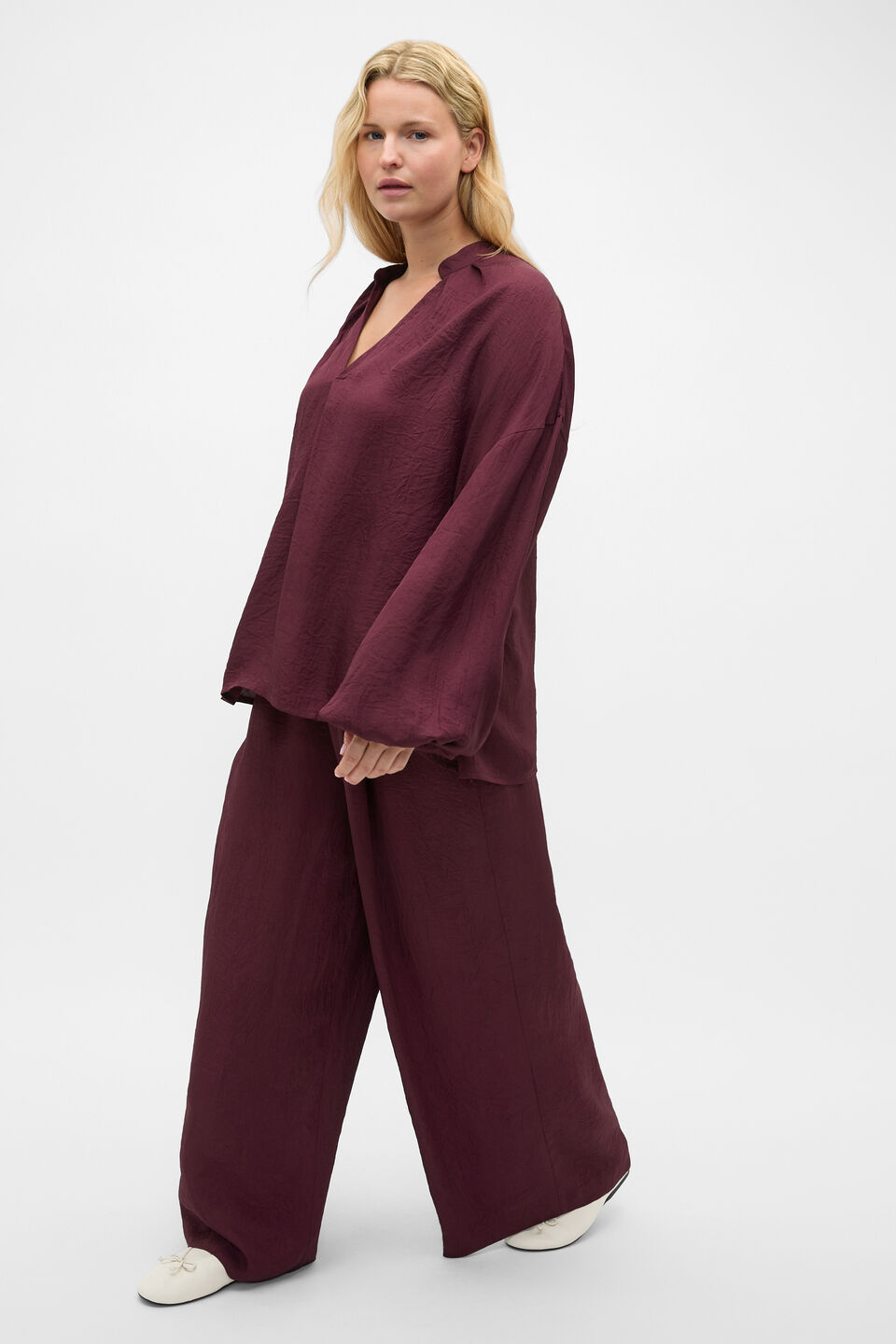 Textured Satin Half Placket Blouse  Plum Red