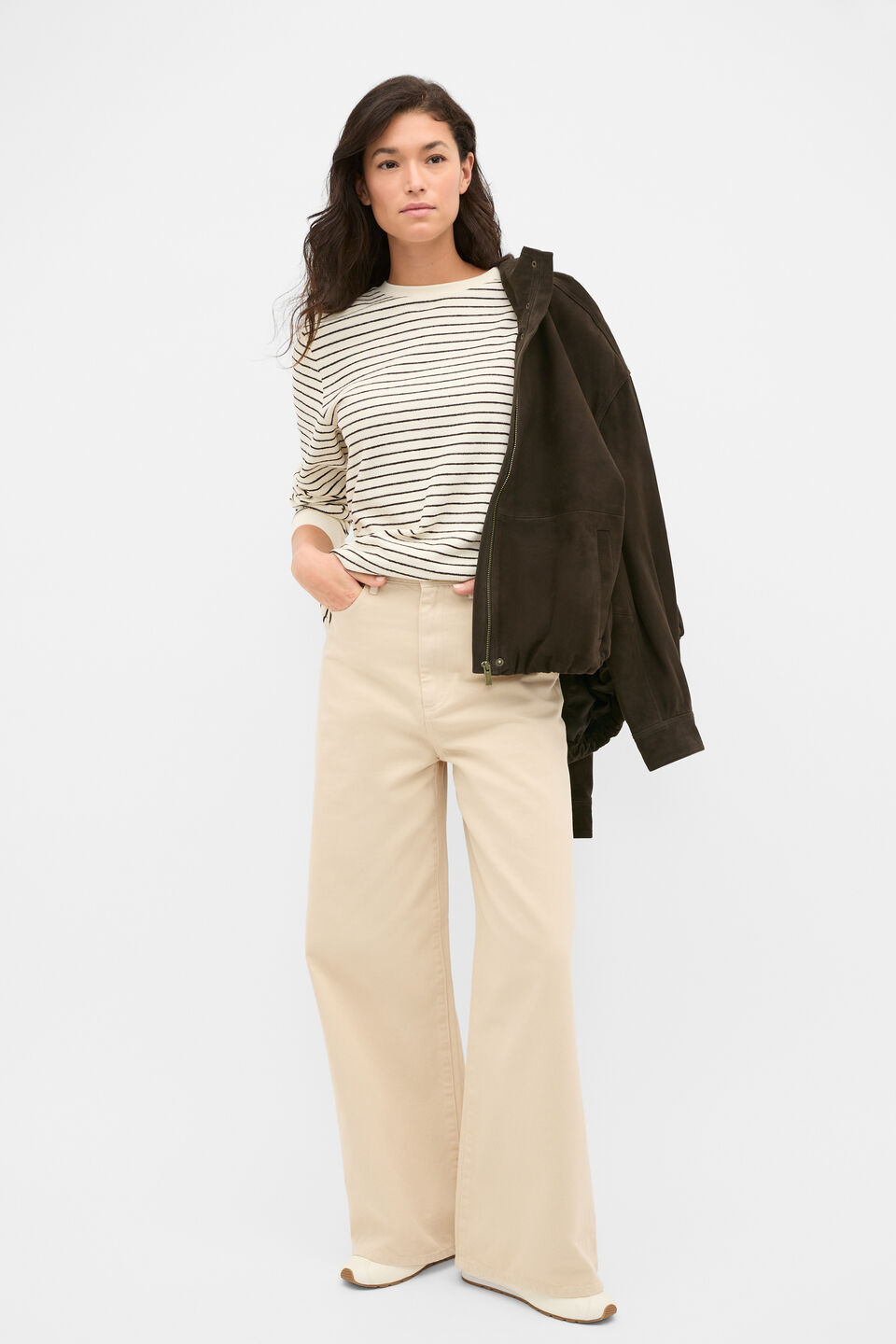 Textured Long Sleeve Relaxed Top  Coffee Bean Stripe