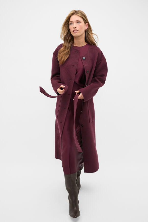 Wool Blend Collarless Coat  Plum Red  hi-res