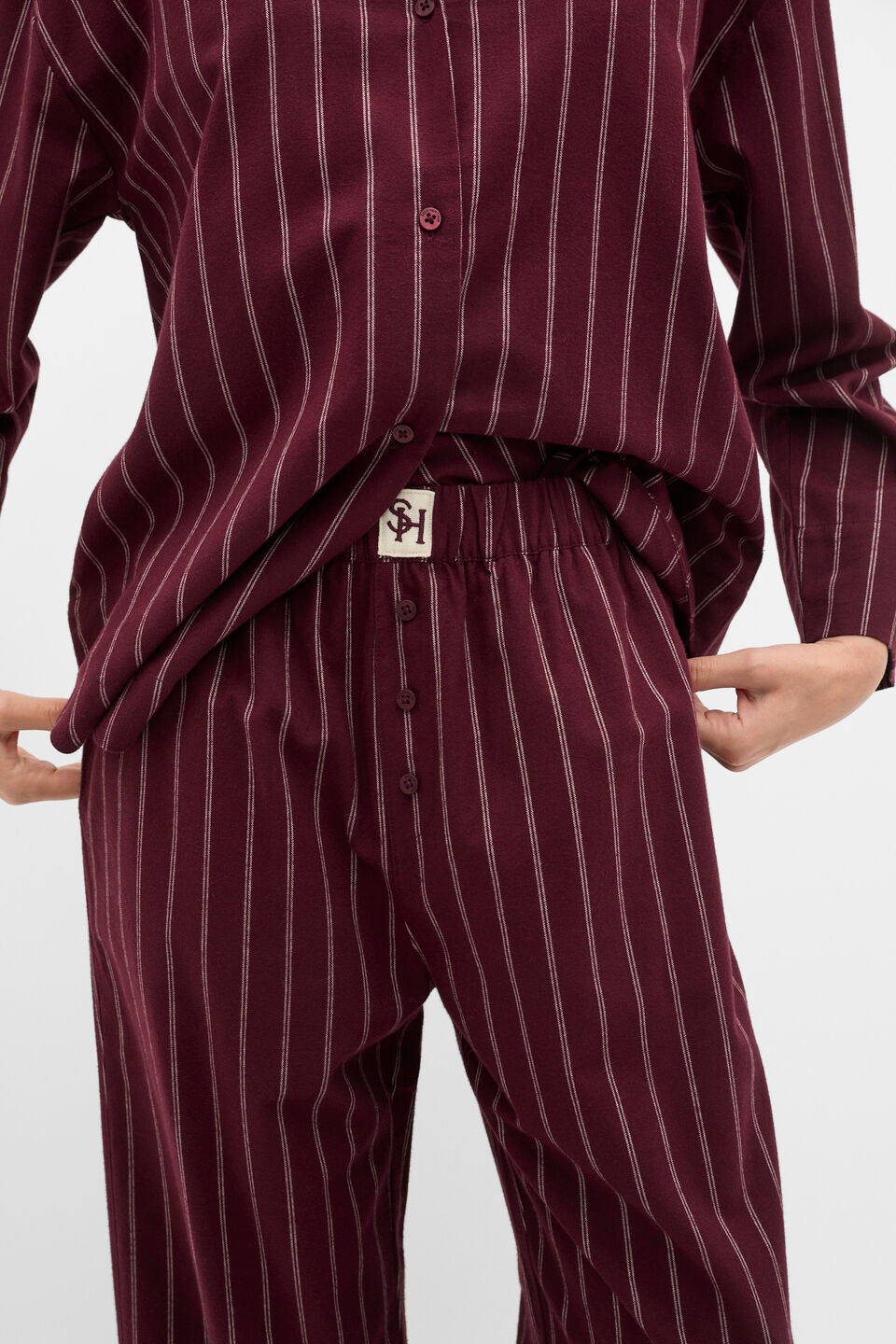 Flannelette Shirt and Pant PJ Set  Plum Red Stripe