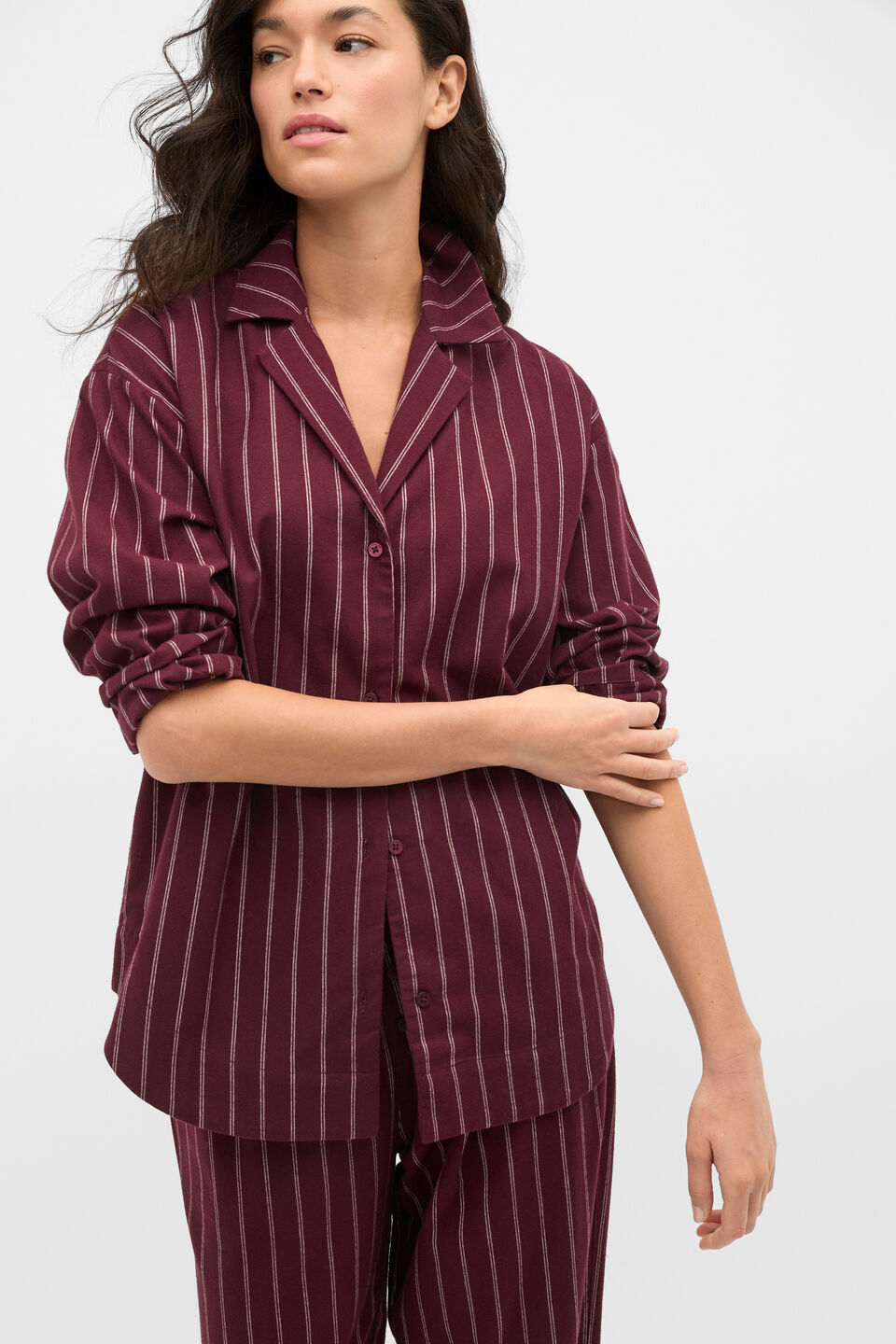 Flannelette Shirt and Pant PJ Set  Plum Red Stripe