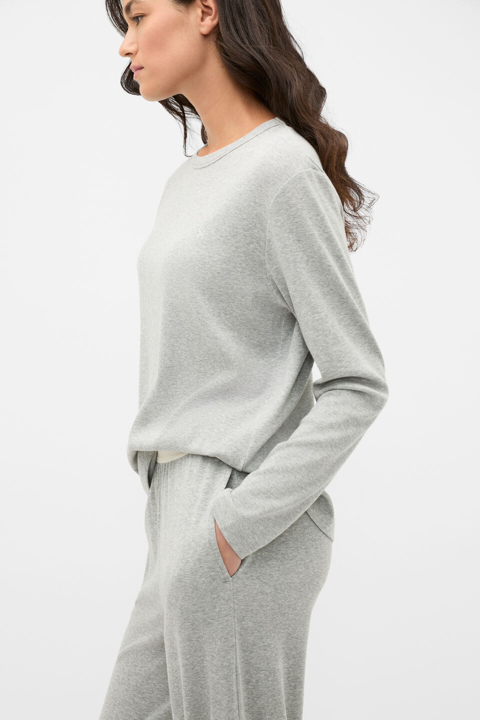 Ribbed Long Sleeve Top and Pant PJ Set  Pale Slate Marle