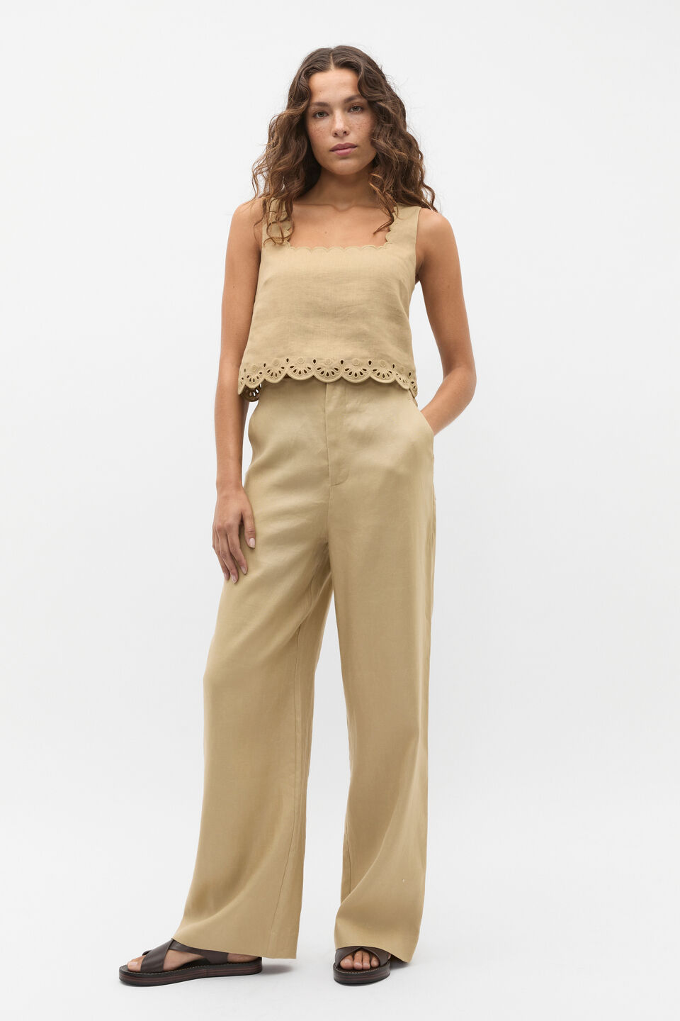 Scallop Broderie Shell Top  Cashew