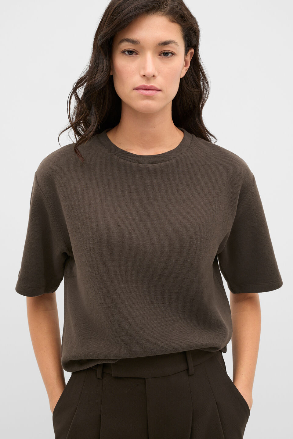 Brushed Boxy Crew Neck Tee  Coffee Bean