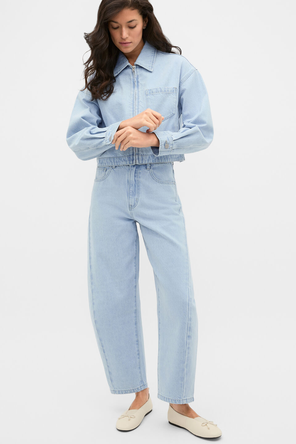 Cropped Zip Front Denim Jacket  Ice Blue Denim