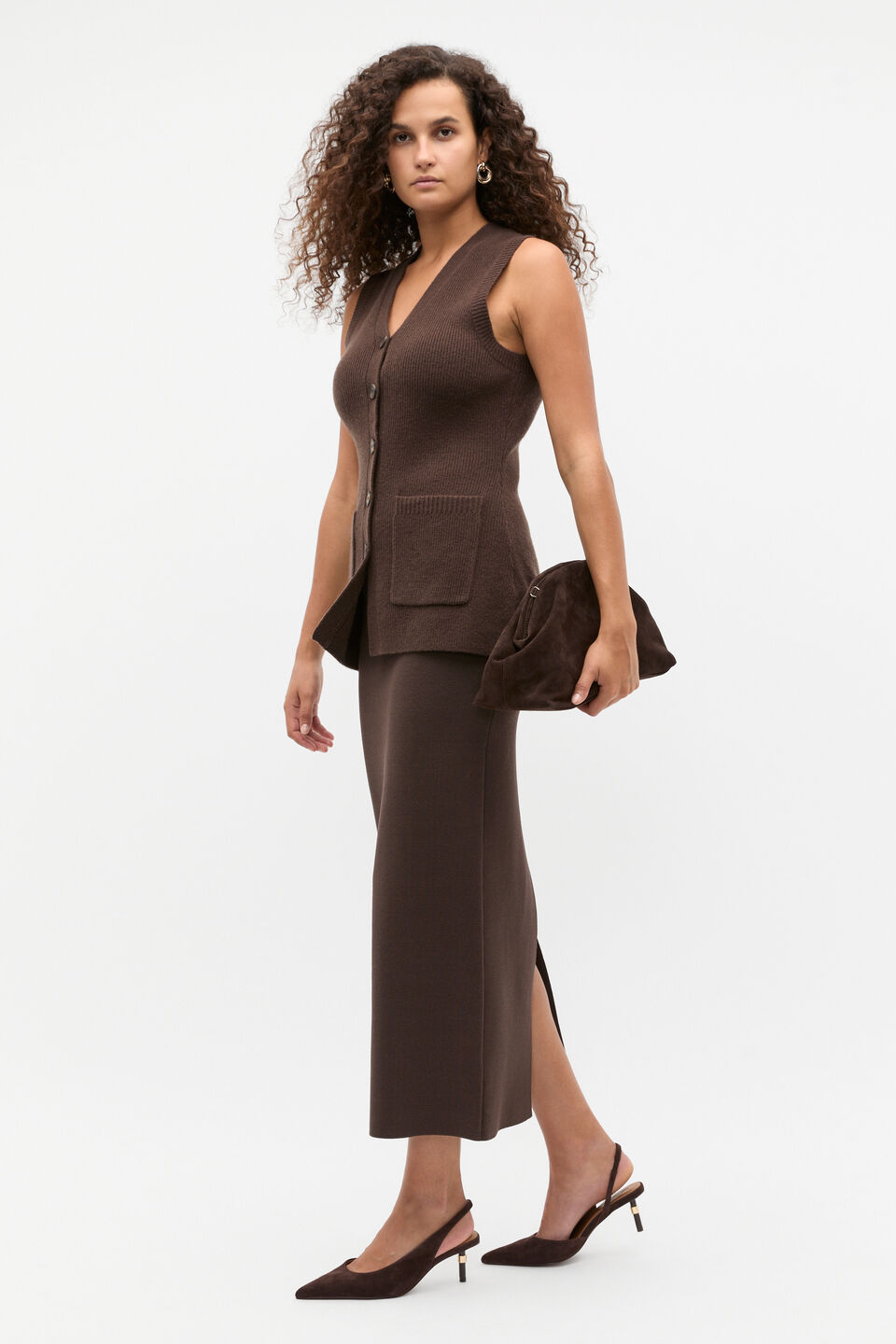 Merino Wool V Neck Button Vest  Dark Espresso