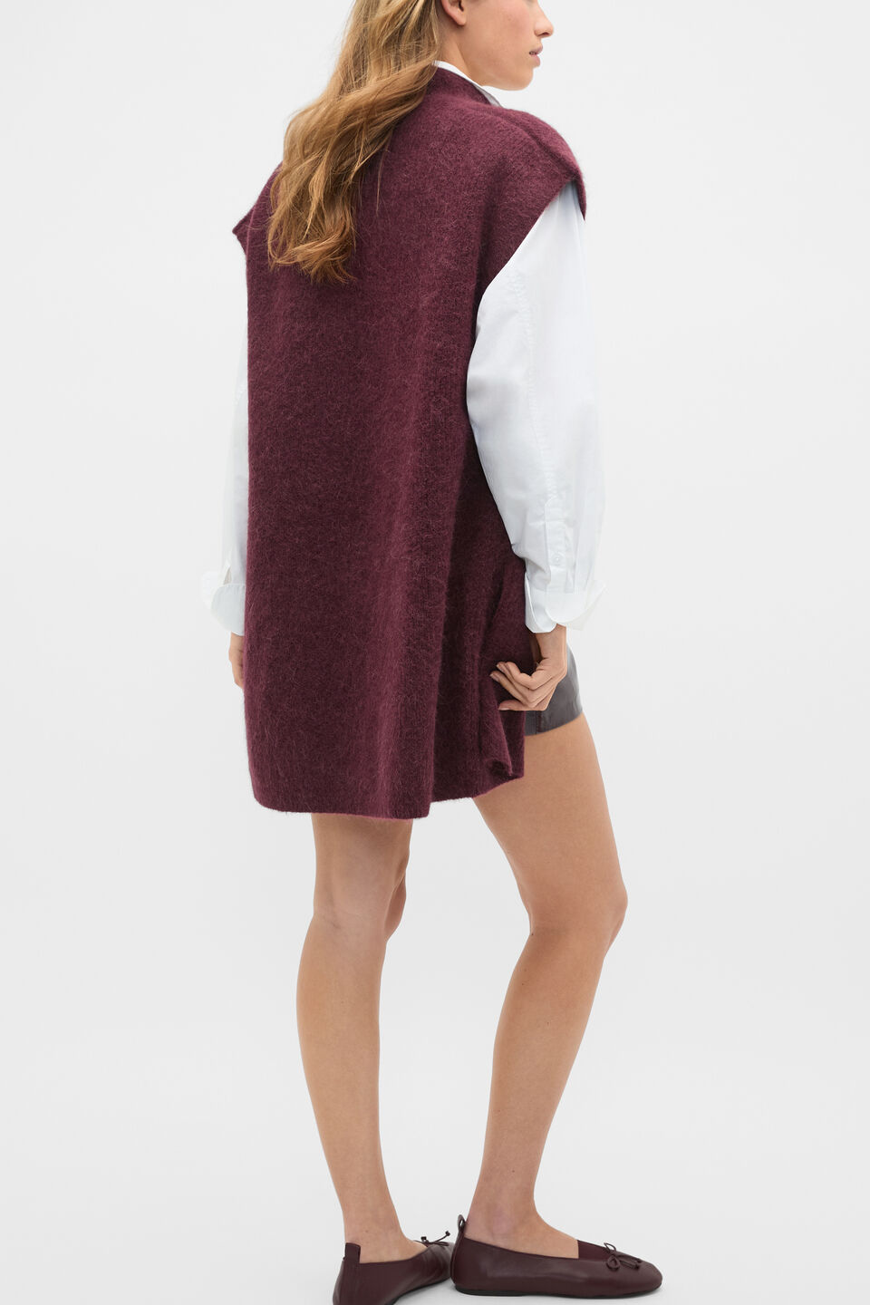 Rib Knit Mid Length Poncho  Plum Red