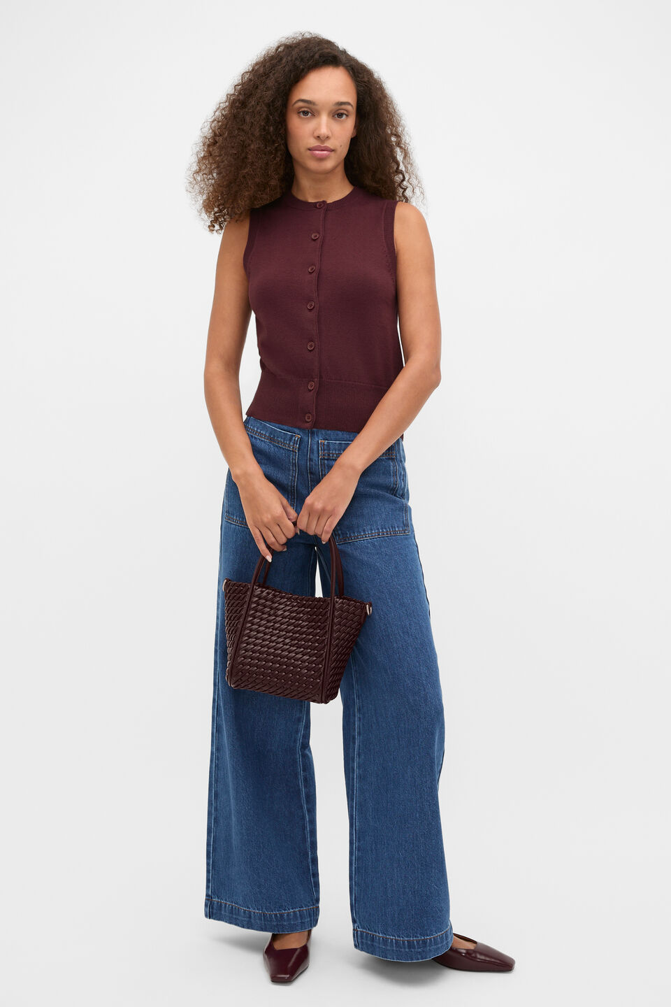 Cotton Blend Button Knit Vest  Plum Red