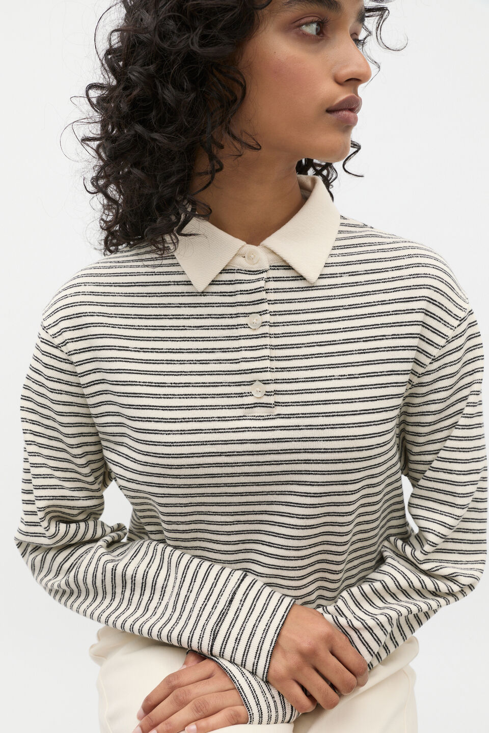 Textured Stripe Polo Sweat  Coconut Cream Stripe