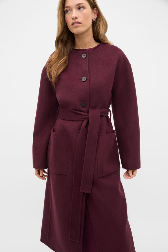 Wool Blend Collarless Coat  Plum Red  hi-res