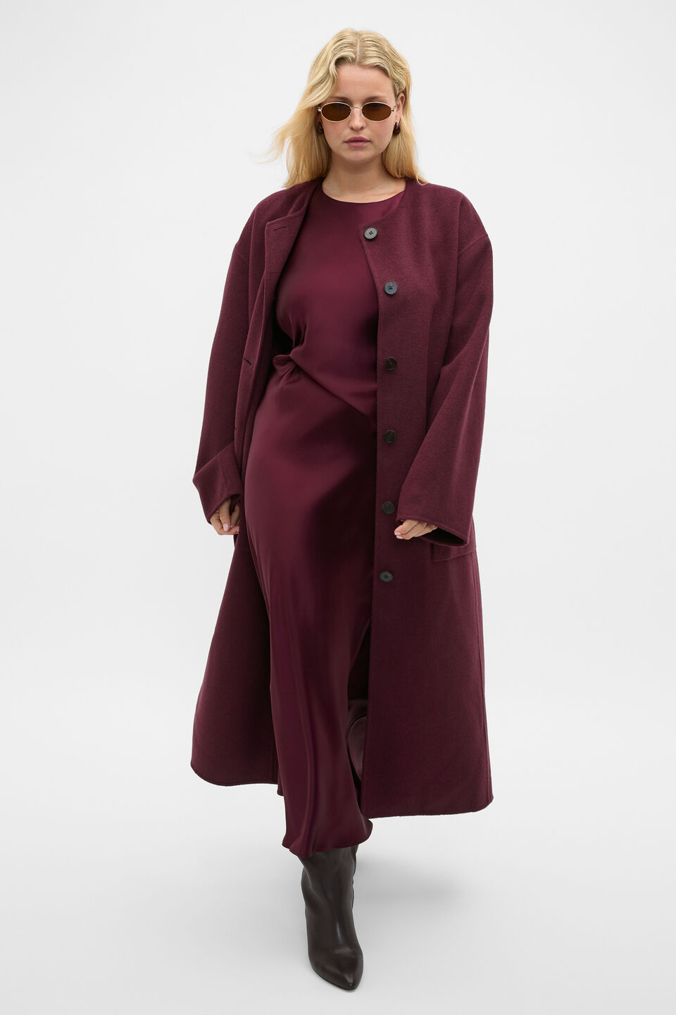 Wool Blend Collarless Coat  Plum Red