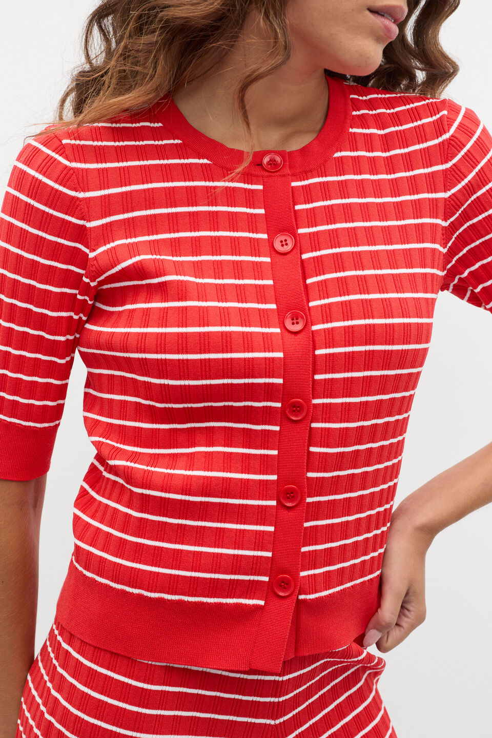 Stripe Rib Knit Short Sleeve Cardigan  Electric Crimson Stripe