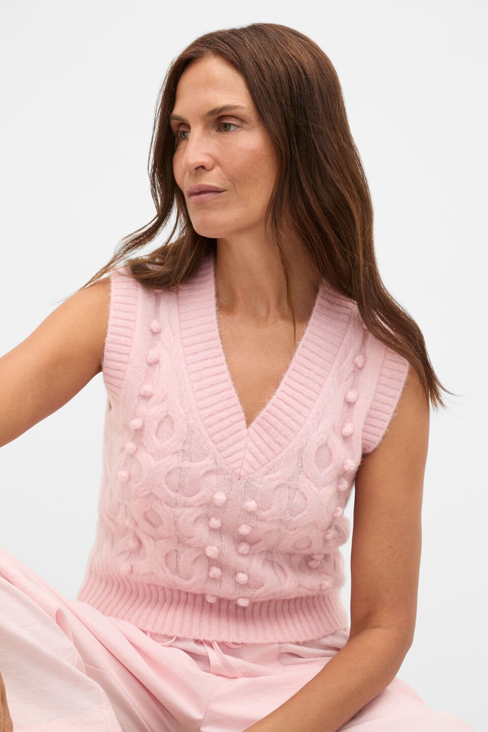 Pom Pom Cable Knit Vest  Pale Blossom Marle