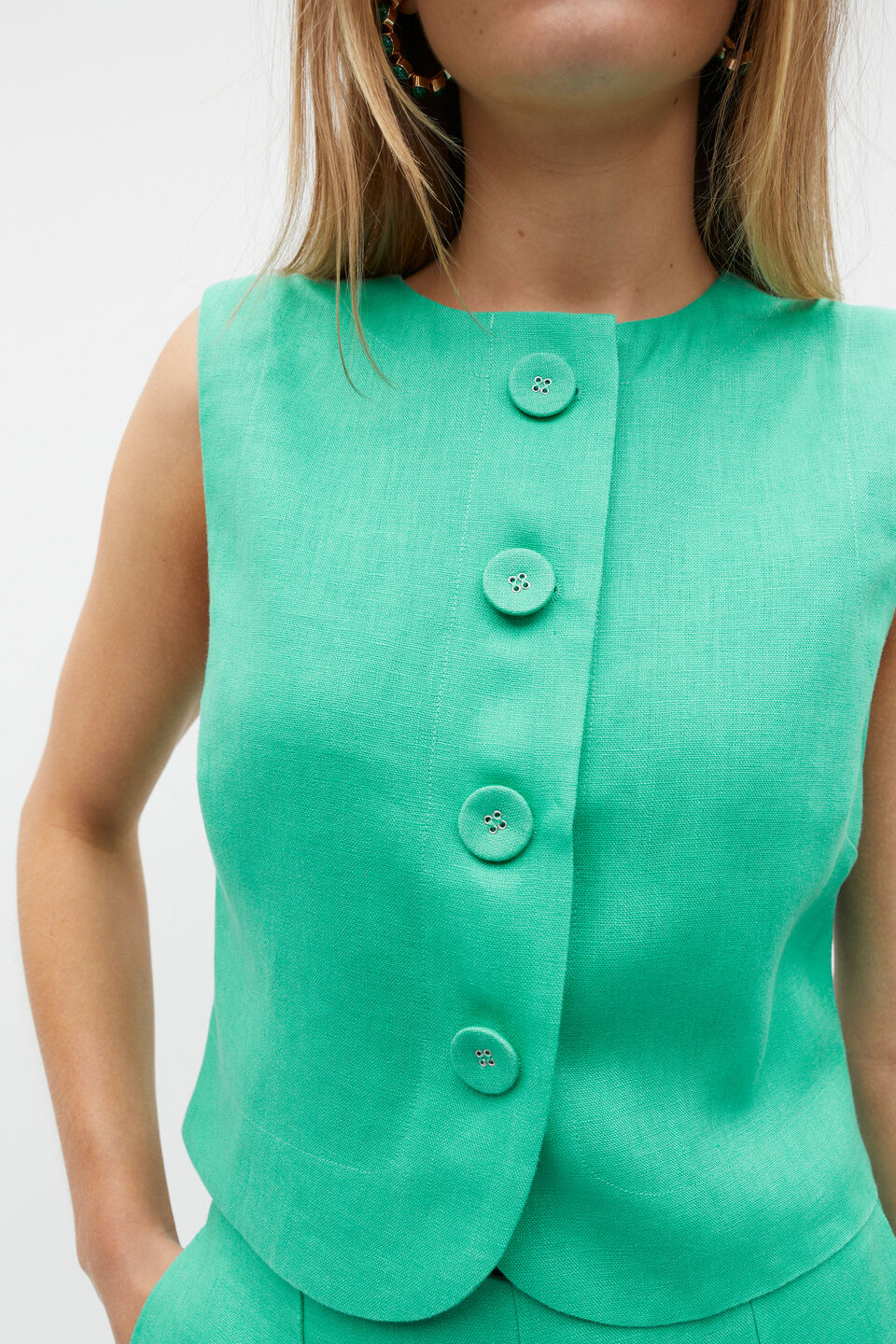Linen Button Down Shell Top  Deep Emerald