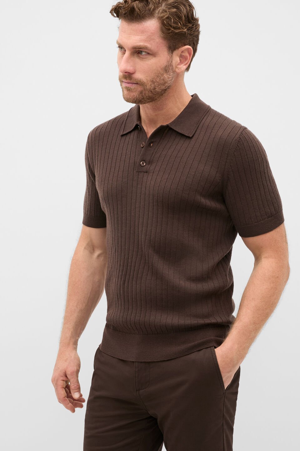 Short Sleeve Merino Knit Polo  Dark Chocolate
