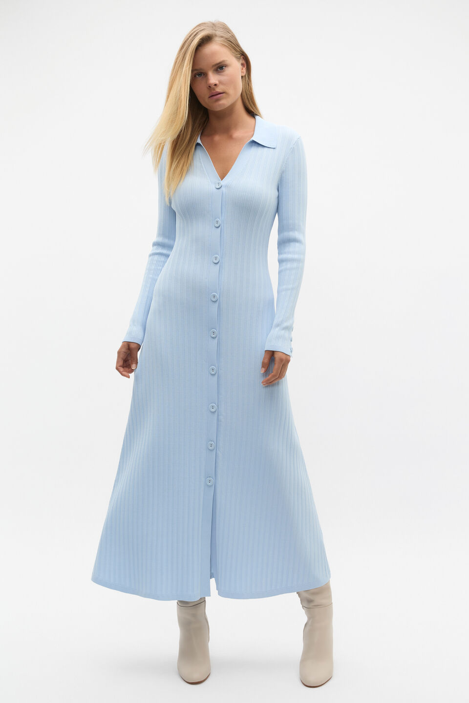 Crepe Ribbed Polo Midi Dress  Ice Blue