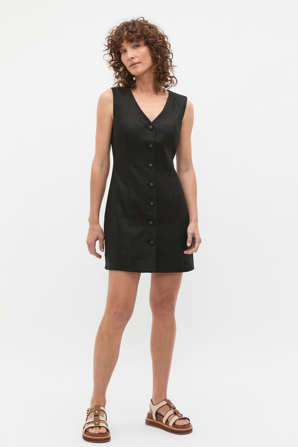 Linen V Neck Button Mini Dress  Black