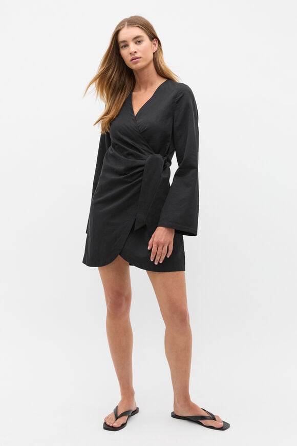 Tie Waist Wrap Mini Dress  Black  hi-res