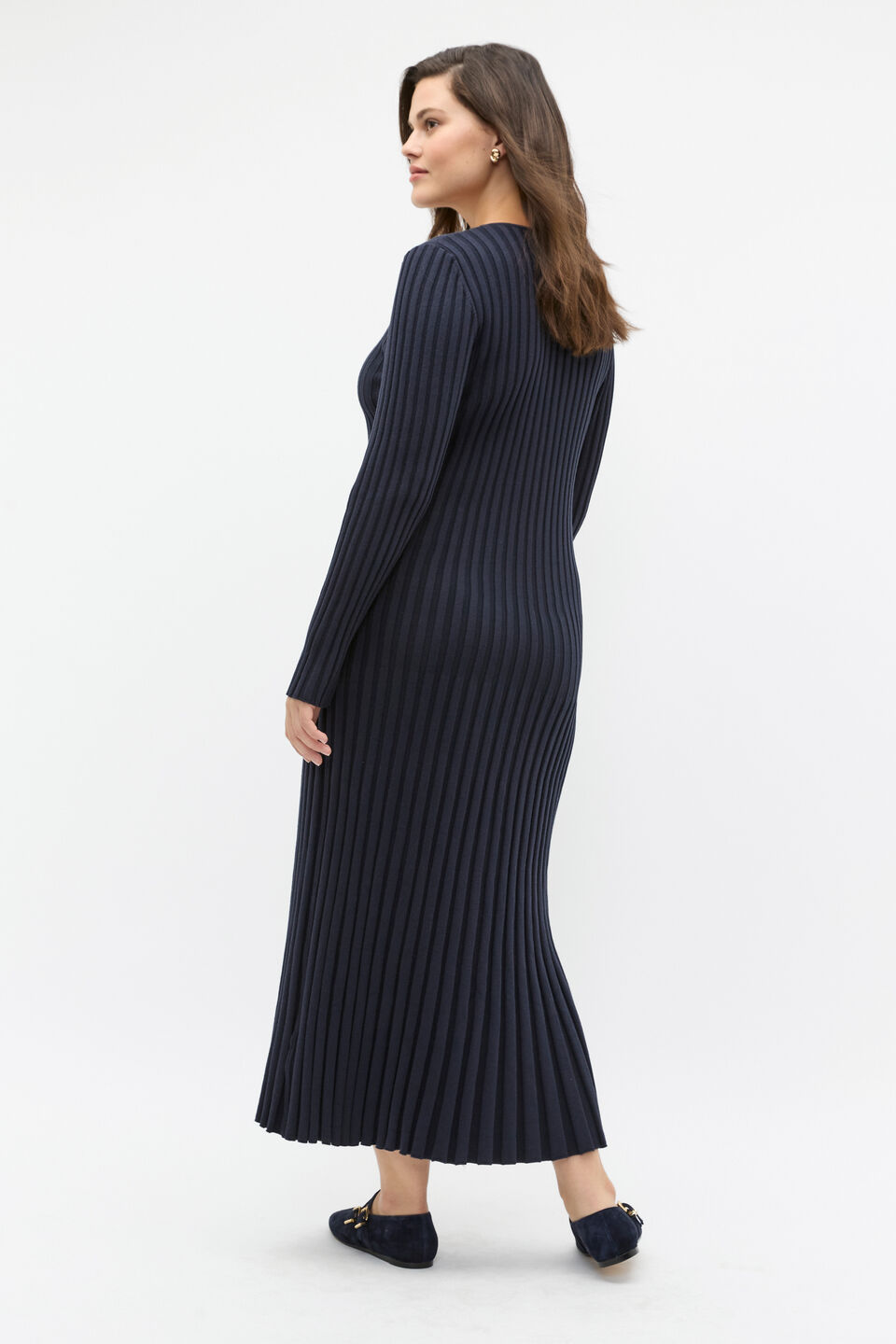 Pleated V Neck Knit Dress  Twilight Blue