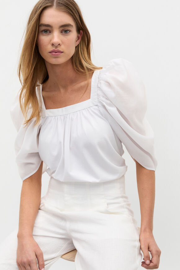 Square Neck Gathered Sleeve Top  Whisper White  hi-res