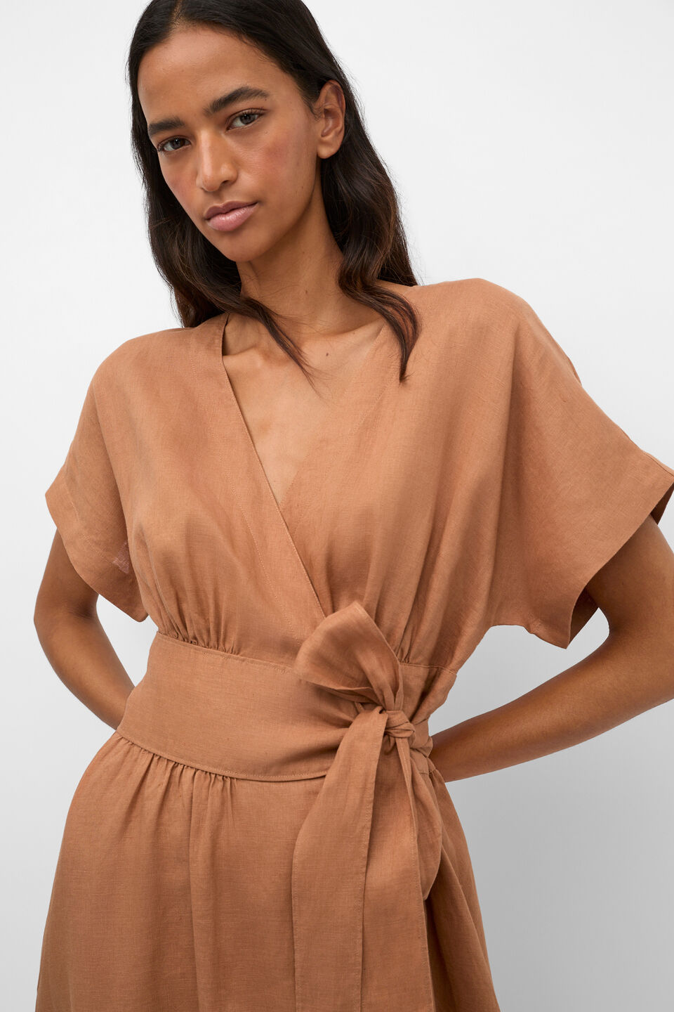 Linen Wrap Midi Dress  Copper