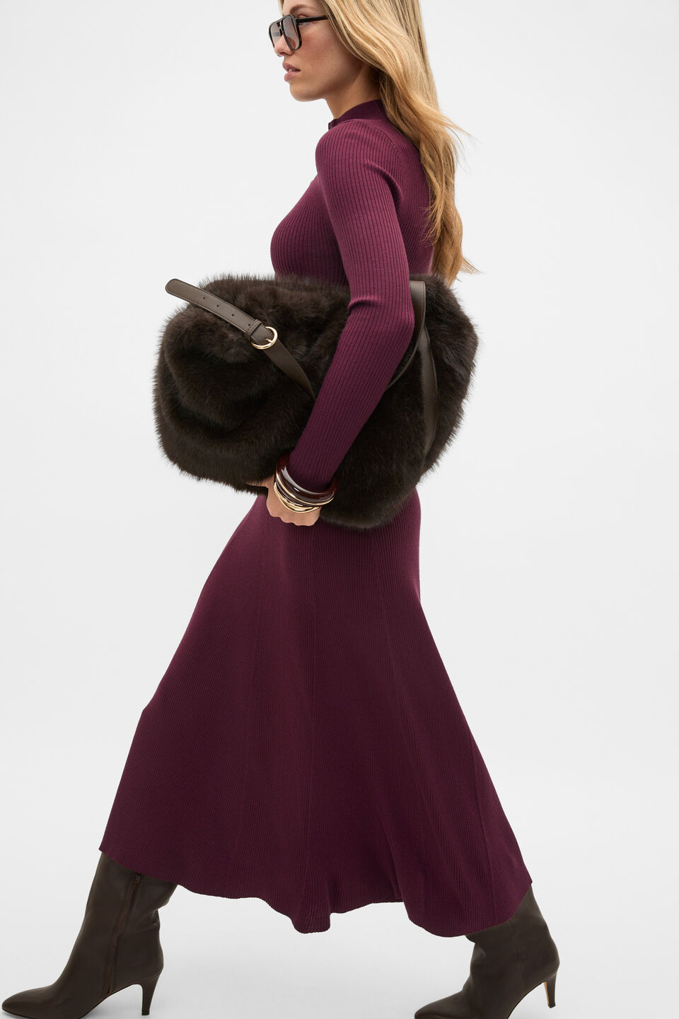 Button Down Mock Neck Knit Dress  Plum Red