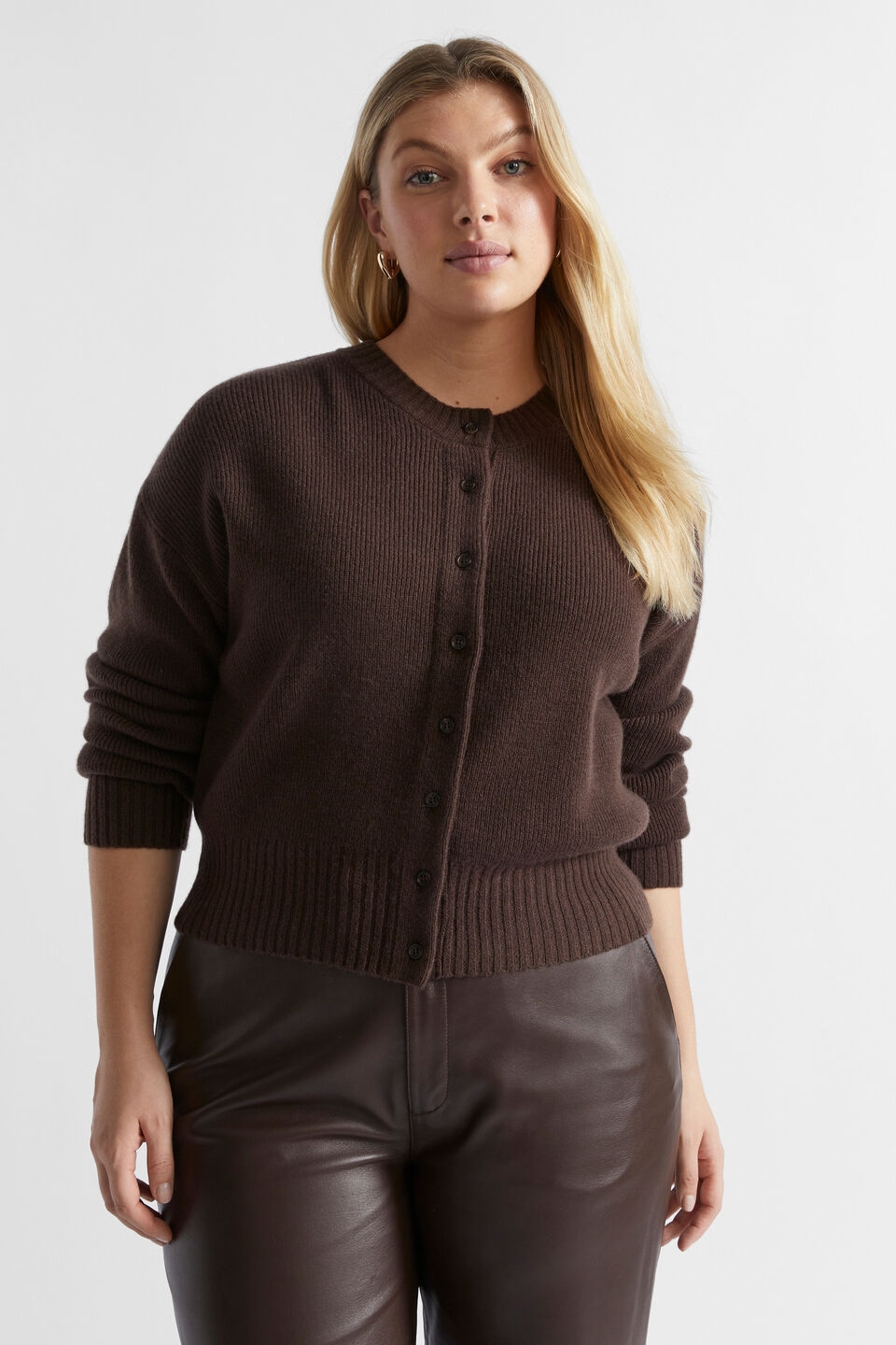 Merino Button Up Knit Cardigan  Dark Espresso Marle