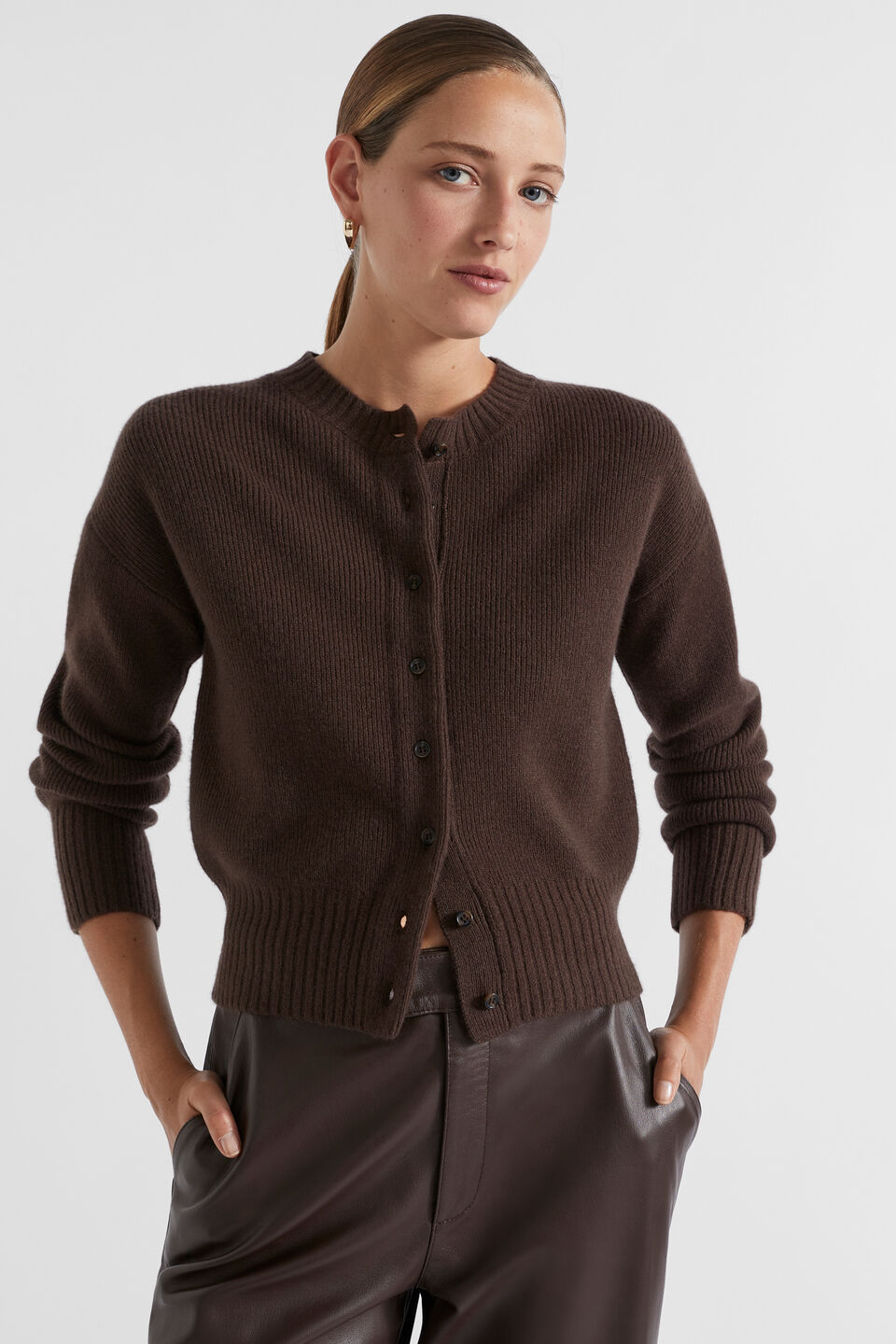 Merino Button Up Knit Cardigan  Dark Espresso Marle