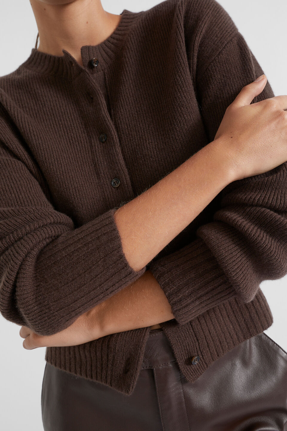 Merino Button Up Knit Cardigan  Dark Espresso Marle