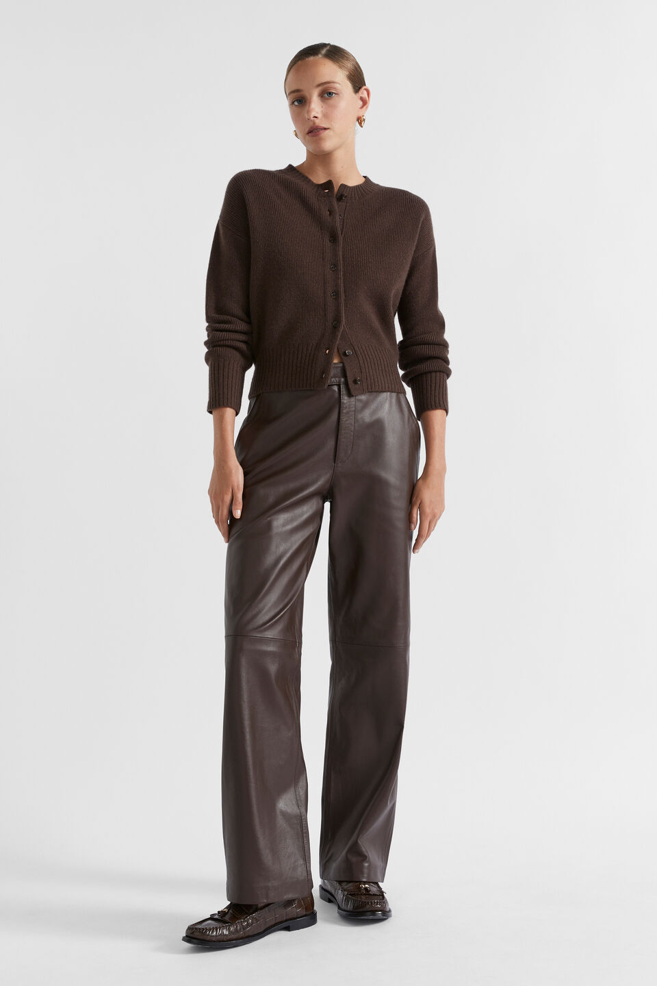 Merino Button Up Knit Cardigan  Dark Espresso Marle