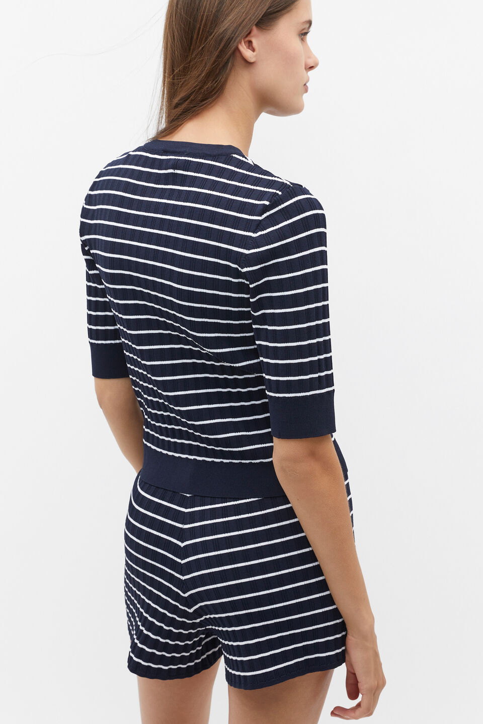 Stripe Rib Knit Short Sleeve Cardigan  Midnight Sky Stripe