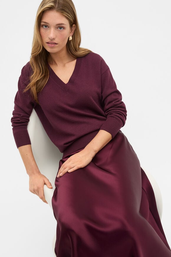 Australian Merino V Neck Knit  Plum Red  hi-res