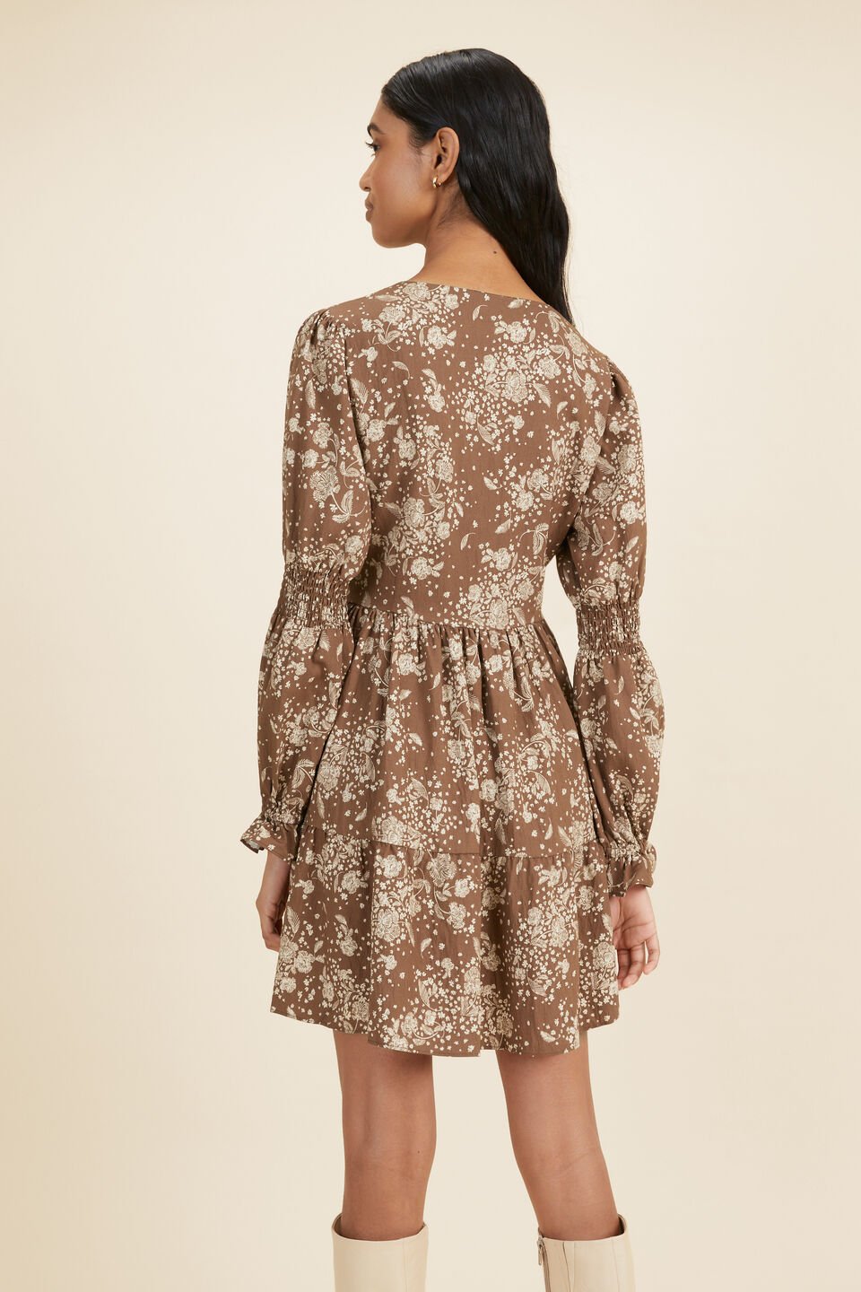 Floral Puffed Sleeve Dress  Coconut Brown Floral