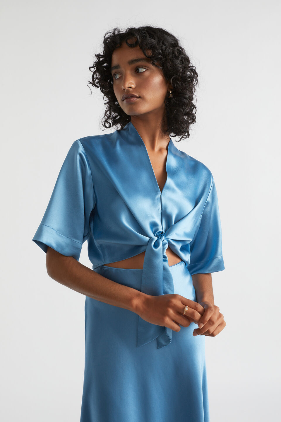 Satin Tie Front Top  Soft Cobalt