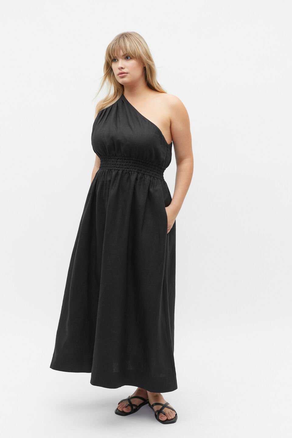Linen One Shoulder Maxi Dress  Black